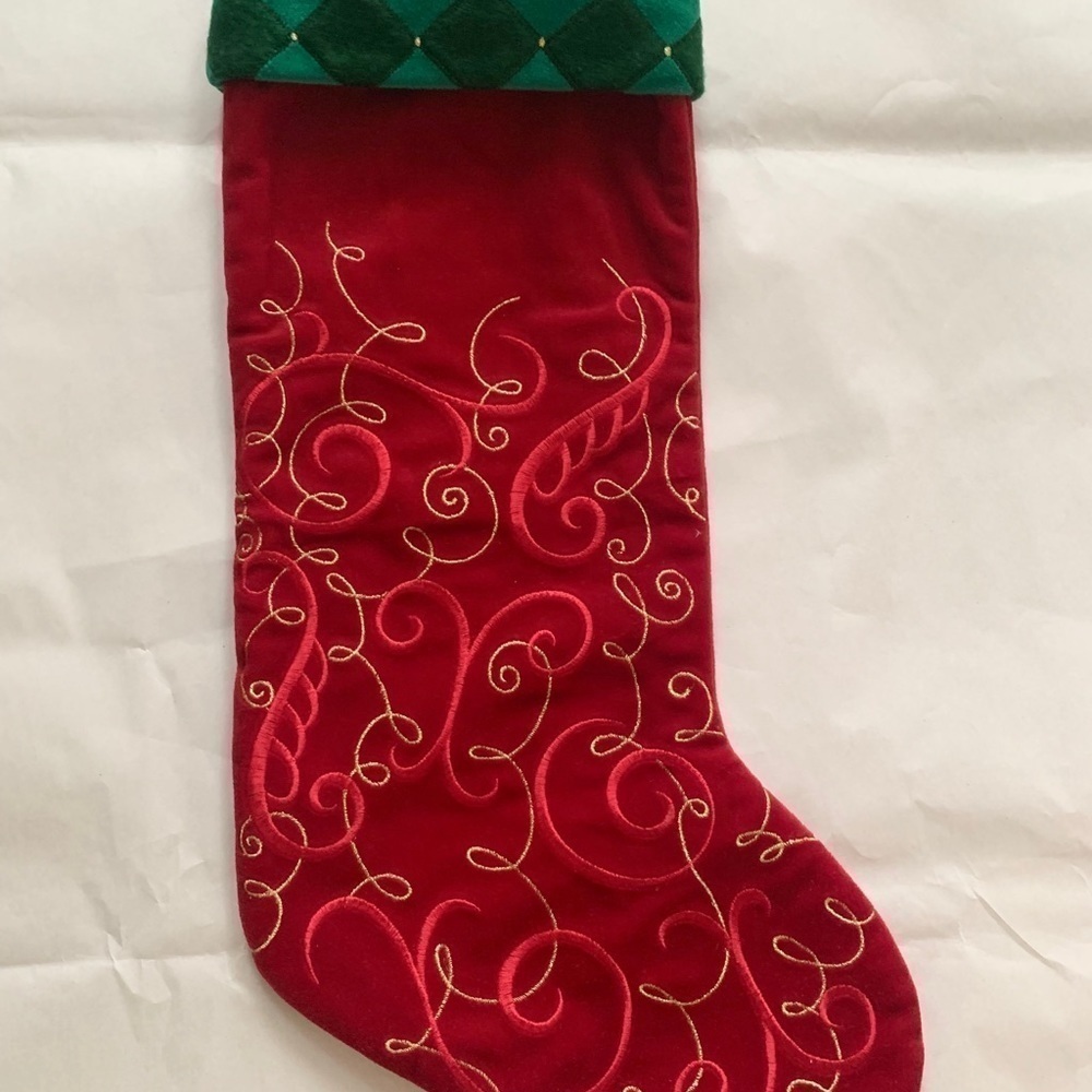 Red embroidered Christmas stocking holiday gift Santa clause season decorations